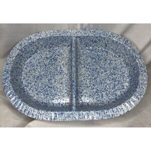 Vintage Blue Sponge Ware Pottery Oval Serving Tray,  Treasure Craft.... USA....